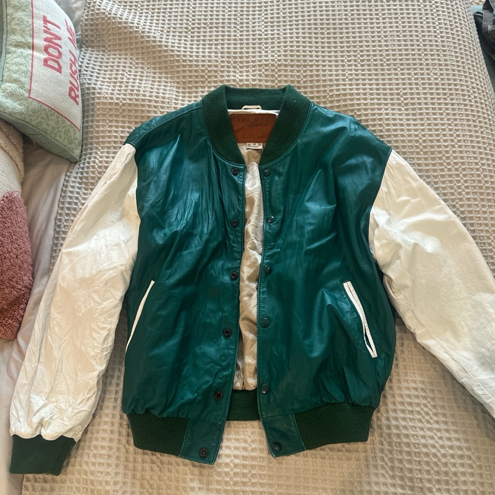 Emerald and Ivory Women's Bomber Jacket